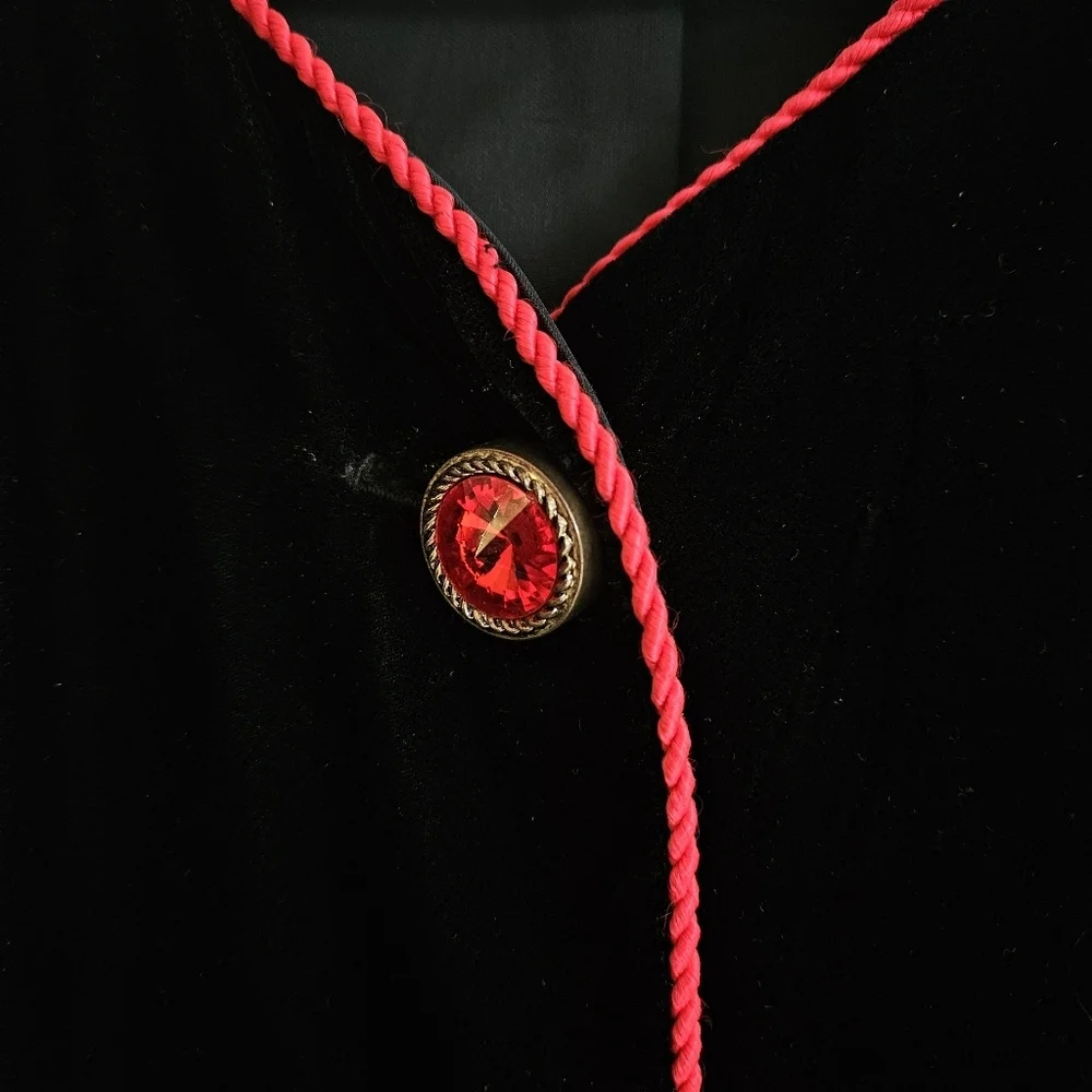 Vintage 80's Velour JS Collections Coat With Jewel Red Buttons & Trim - Picture 3 of 12